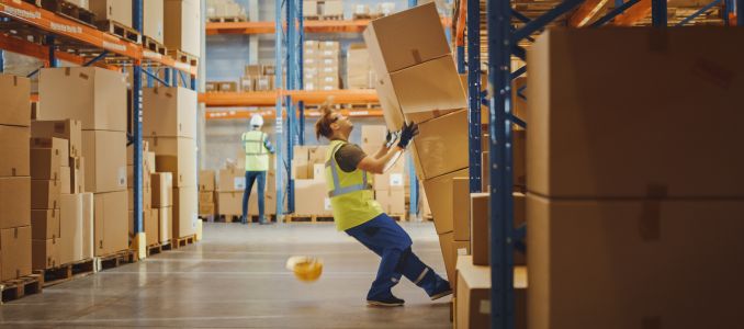 Worker falling while trying to move boxes