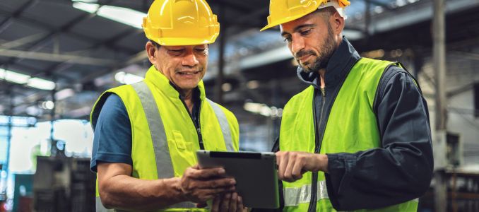 Two safety professionals looking at tablet
