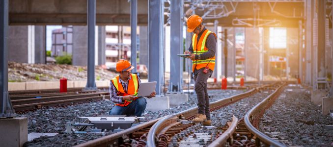 Two railway workers standing on tracks
