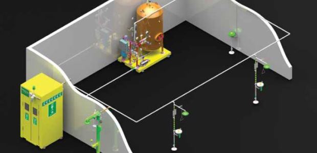 It is highly recommended that specifiers work with eyewash and shower manufacturers directly to determine the appropriate system, given your specific geographic location, processes, temperatures, and layout/equipment locations. (Haws photo)