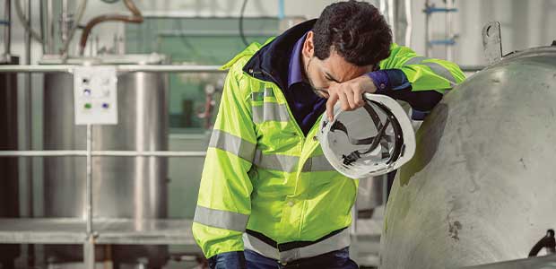 man in yellow reflection jacket with white hard hat learning against a piece of equipment looking tiired