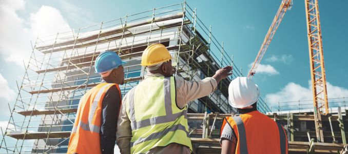Construction workers looking at work site