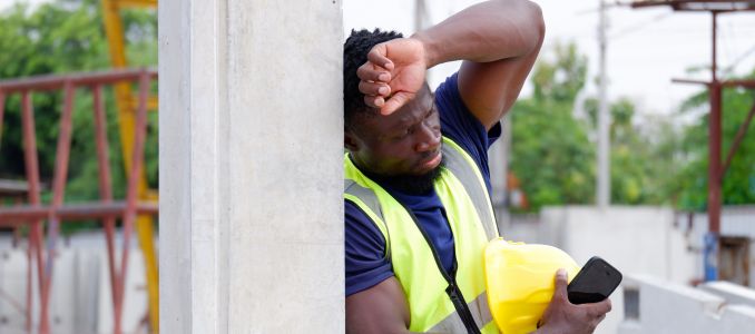 Tired engineer resting against pillar at construction site