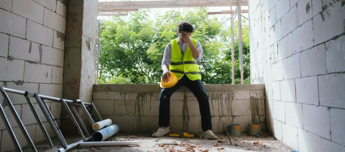 Tired construction worker sitting down on ledge