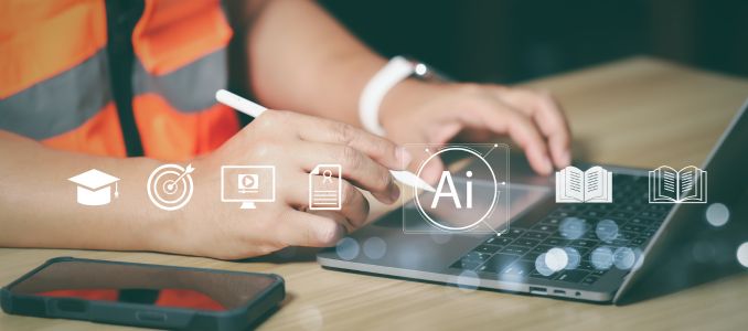 Engineer in safety vest working on laptop with AI icon