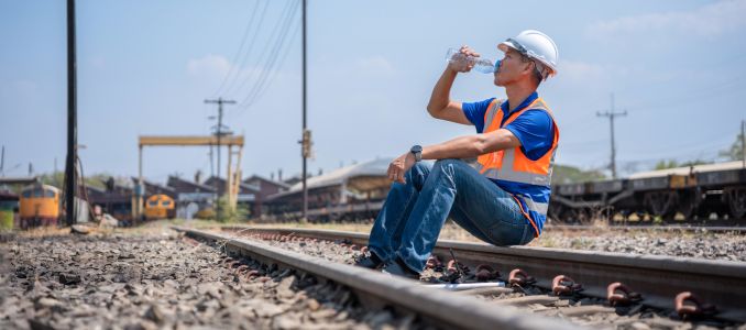 Railway worker sitting on tracks drinking water