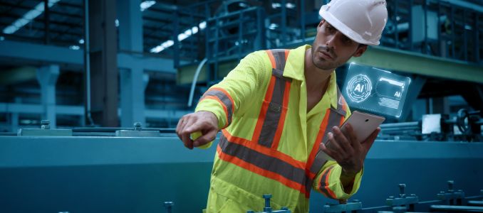 . Worker using Ai digital tools and augmented reality technology to inspect industrial machinery
