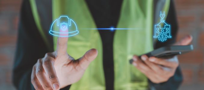 Construction safety industry insurance concept worker touching digital glowing hard hat shield icon connected building crane dollar sign