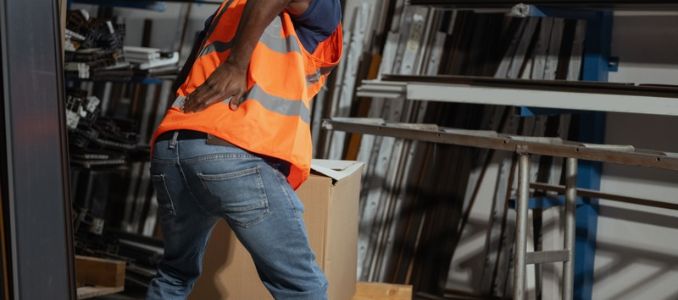 Warehouse worker experiences back pain while lifting a heavy box.