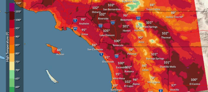 National Weather Service map showing forecast high temperatures across Southern California for Friday, Oct. 2, 2026, with inland areas reaching 100 to 107 degrees