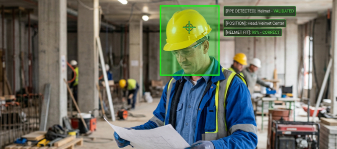 A construction worker wearing a hard hat, with AI bounding box overlays indicating PPE detection and helmet fit validation.