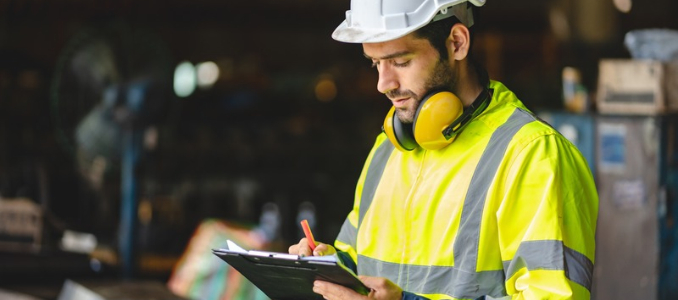 A worker wearing a hard hat and high-visibility jacket reviewing a checklist on a clipboard.