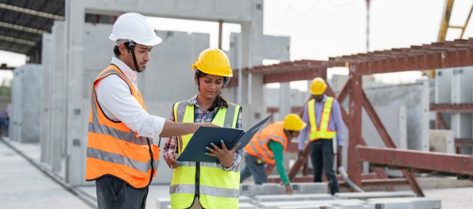 Two construction supervisors wearing hard hats and high-visibility safety vests reviewing documents on a clipboard at an active construction site, with other workers in the background.