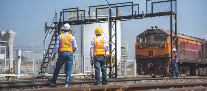 Rail workers wearing hard hats and high-visibility safety vests stand beside railroad tracks near a locomotive.