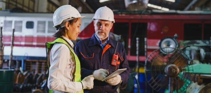 Two workers wearing hard hats participate in a safety training session at an industrial facility.