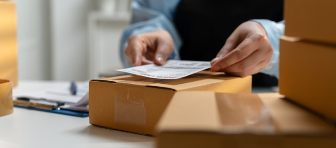 Worker packing small cardboard boxes for shipping.