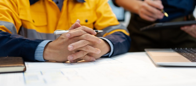 Safety professionals reviewing documents during a meeting.