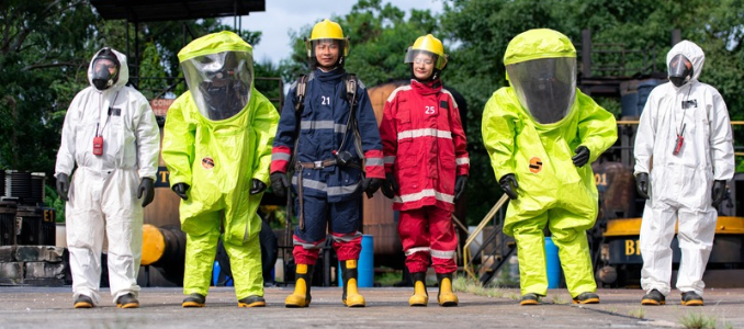 Emergency responders wearing protective suits and firefighting gear.
