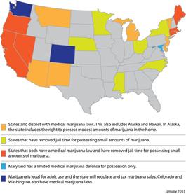 The country now has a patchwork of marijuana laws that range from medical marijuana laws to laws permitting adult use in Washington state and Colorado. (HR Plus illustration)