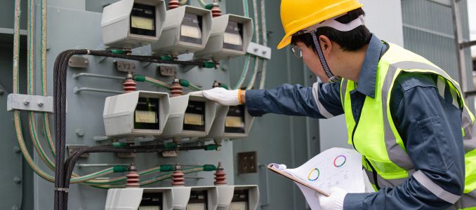 Electrical engineer inspecting transformer surge counters at substation