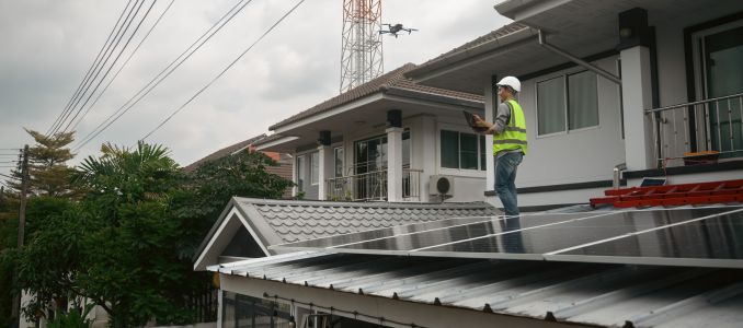 Engineer Inspecting Rooftop Solar Panels Using Drone and Laptop on Residential House