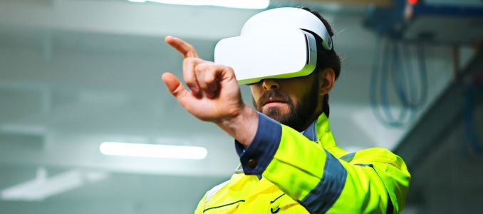 Engineer wearing VR headset