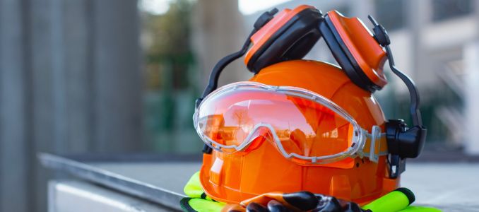 Safety helmet, ear muffs, and gloves