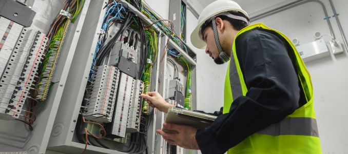 Electrical engineer inspecting electrical box