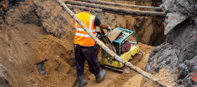 Worker using heavy machinery in trench