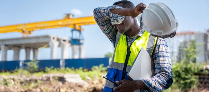 Construction worker man wiping sweat under the hot sun