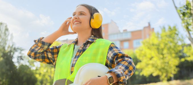Smiling female construction worker wearing safety vest and ear protection holding a hard hat outdoors