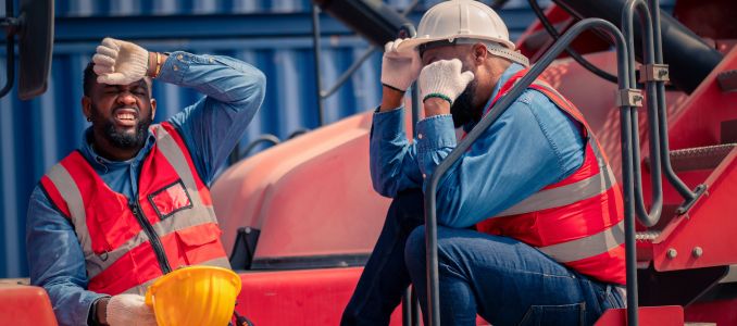 Two industrial workers in high-visibility vests resting outdoors in extreme heat, showing signs of heat exhaustion.