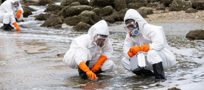 Researchers in hazmat suits, masks, and orange gloves collecting water samples on a rocky shoreline.