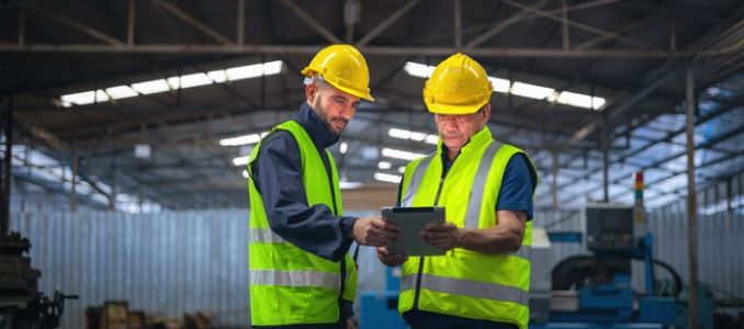 Two workers wearing yellow hard hats and high-visibility vests review a tablet inside an industrial facility.
