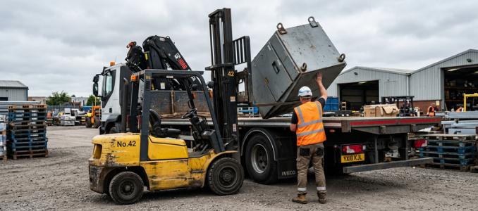 Worker in an orange high-visibility vest signals beside a forklift lifting a large metal container next to a flatbed truck in an industrial yard.