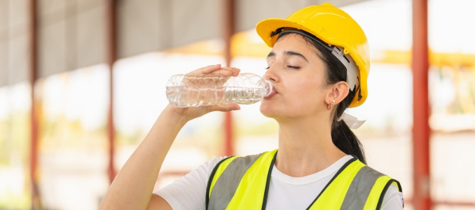 A young worker drinking water on a hot, sunny day.